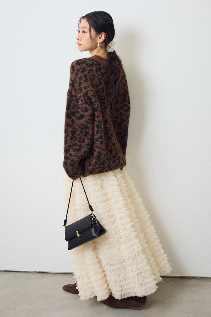 [予約/SET]レオパードクルーネックニットプルオーバー+ホイップチュールティアードスカート(2set)