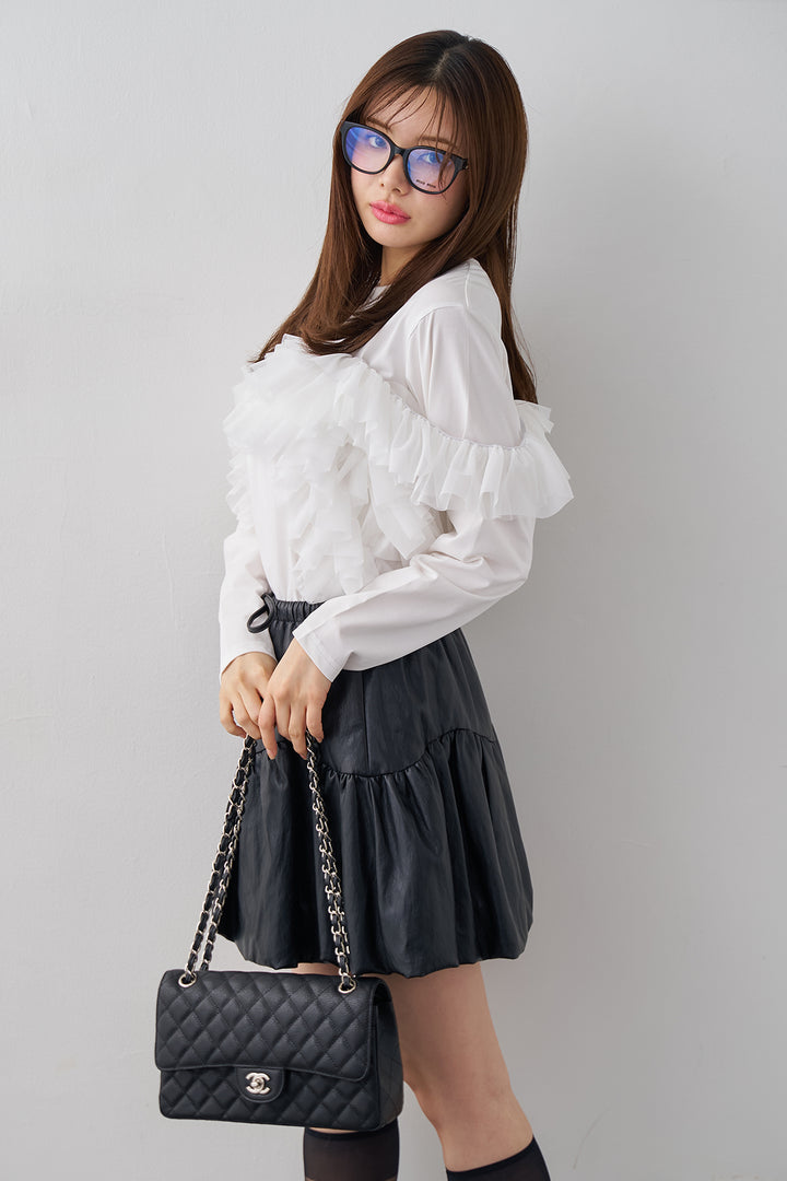 [予約/SET]マルチwayフリルカットトップス+フェイクレザーティアードバルーンミニスカート(2set)