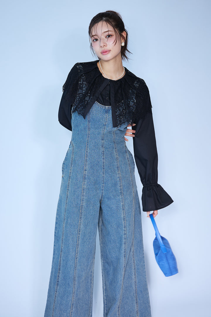 [予約/SET]繊細レースカラーキャンディースリーブブラウス+美ラインデニムサロペット(2set)