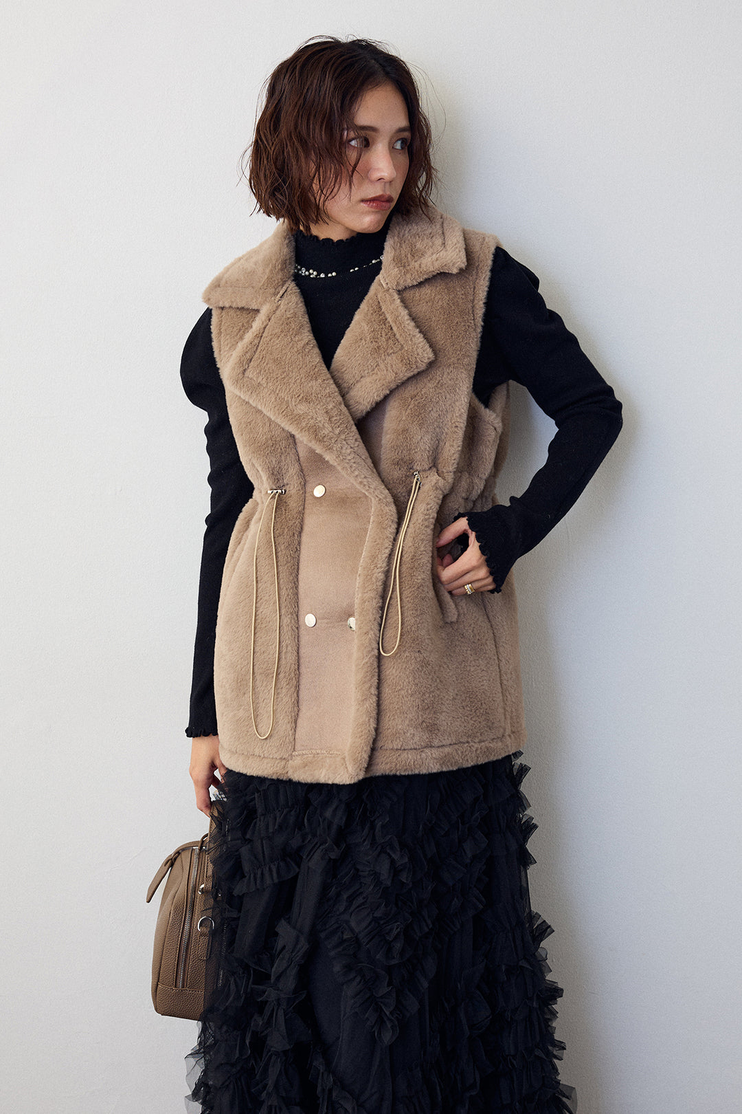 [予約/SET]ネックショルダーパールポイントニット+テディボアウエストドロストベスト(2set)