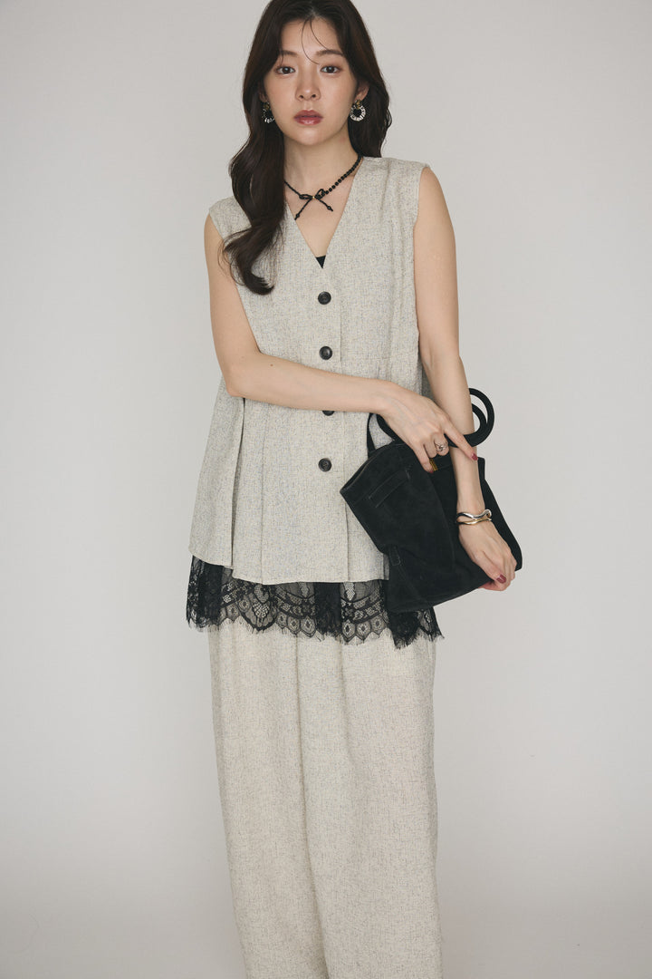 [予約/SET]総レースミディアムキャミソール+ライトツイードボックスプリーツベスト+ライトツイードウエストラインタックパンツ(3set)