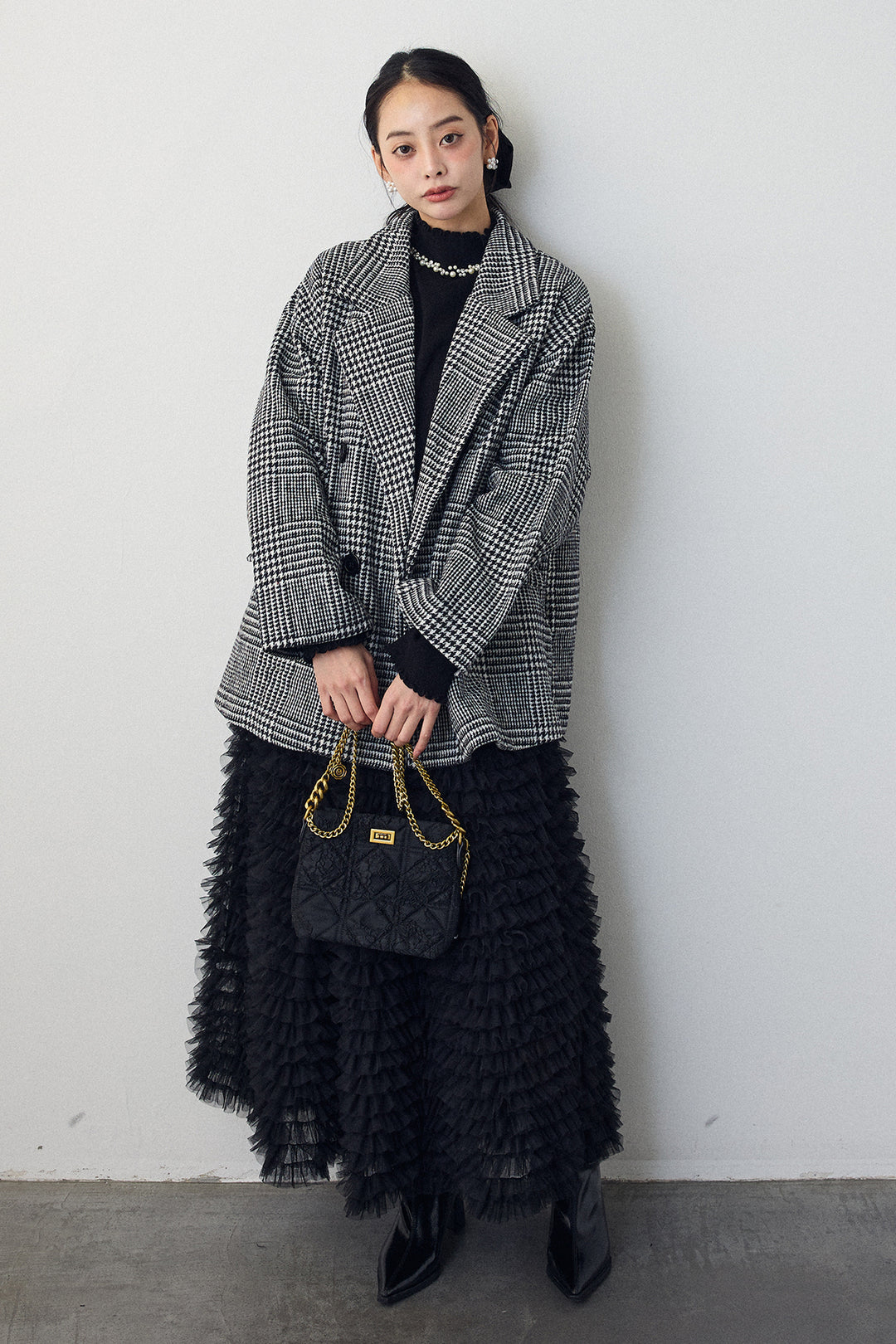 [予約/SET]チェック柄ボクシーコート+ホイップチュールティアードスカート(2set)