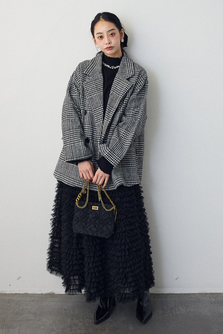 [予約/SET]チェック柄ボクシーコート+ホイップチュールティアードスカート(2set)