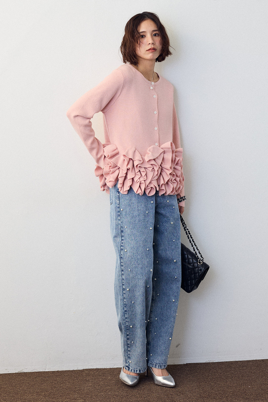 [予約/SET]フリルホイップニットカーディガン+パールスタッズストレートハイウエストデニム(2set)