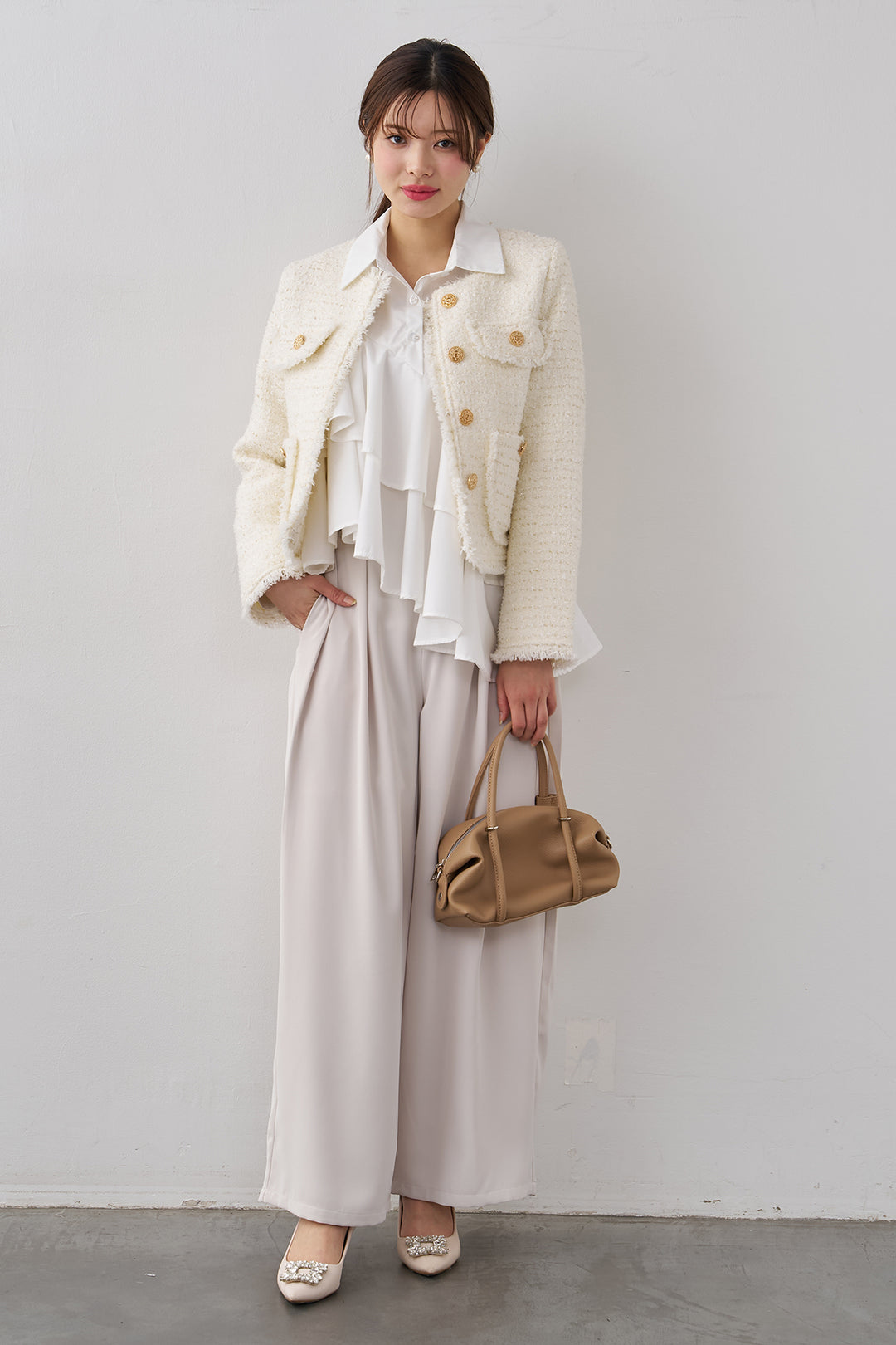 [予約/SET]フリンジツイードゴールドボタンジャケット+エステルツイルタックワイドカラーパンツ(2set)