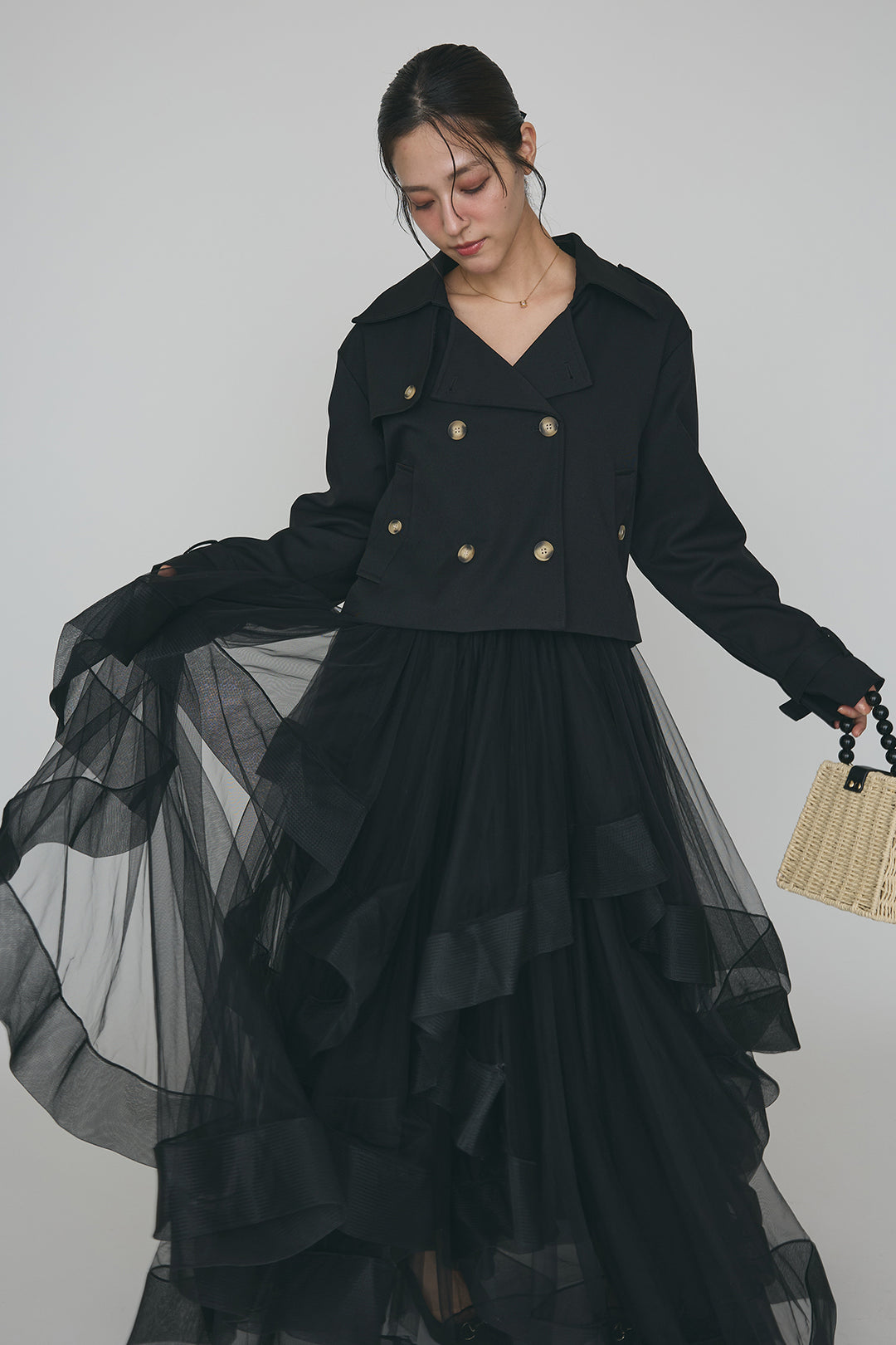 [予約/SET]クラシカルショートトレンチ+ランダムフリルティアードボリュームスカート(2set)