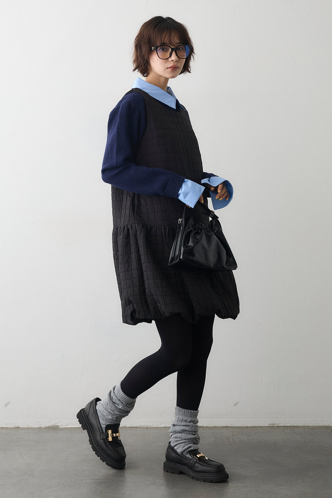 [予約/SET]シャツレイヤードニットプルオーバー+キルティングデザインミニジャンスカ(2set)