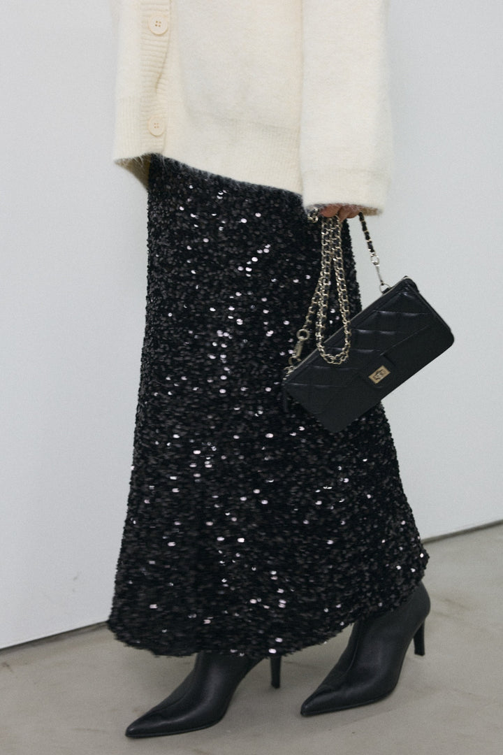 [予約/SET]フリルパールドッキングニットコーディガン+スパンコールシャイニースカート(2set)