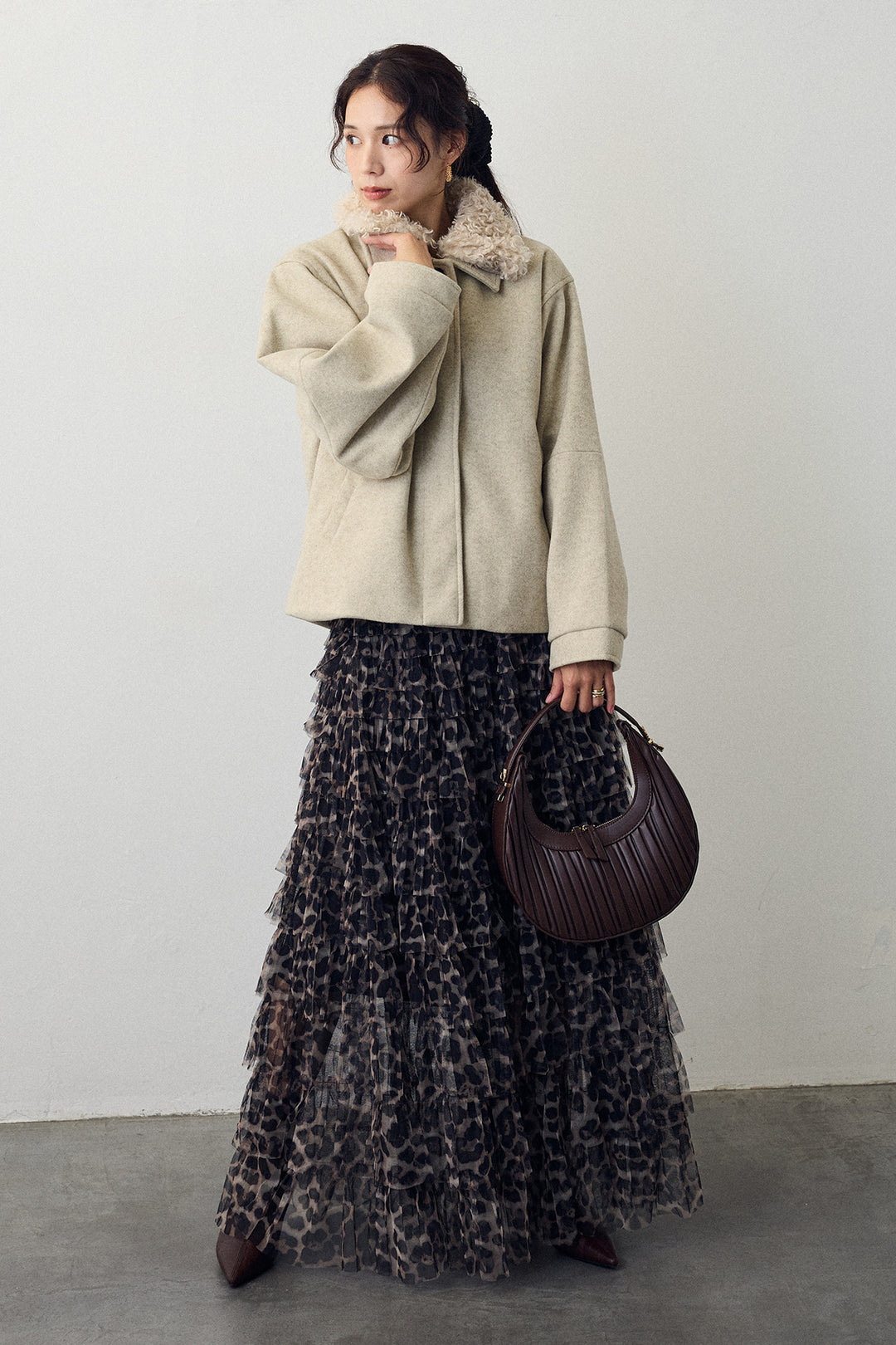 [予約/SET]プードル襟2wayコート+レオパードチュールティアードスカート(2set)