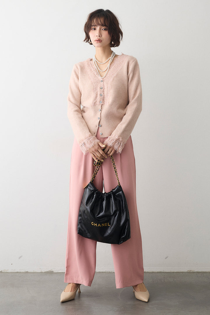 [予約/SET]レースVラインボタンニット+とろみドロストワイドパンツ(2set)