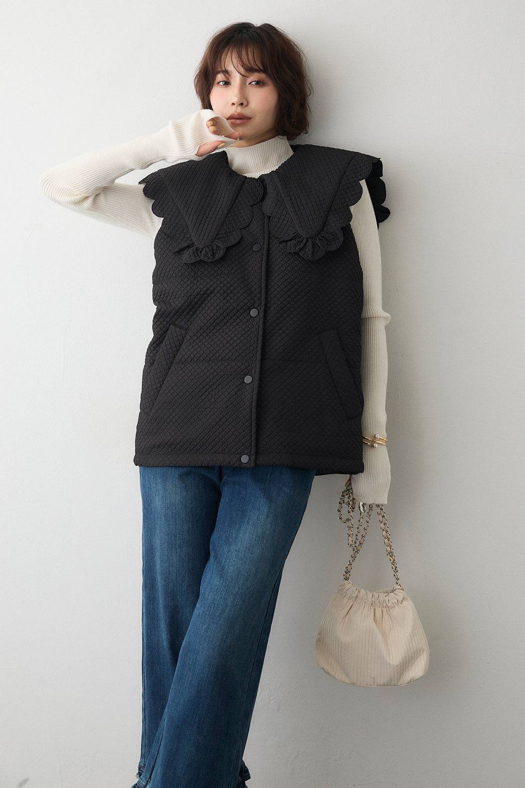 [予約/SET]スカラップBIGカラーベスト+フリルヘムデニムパンツ(2set)