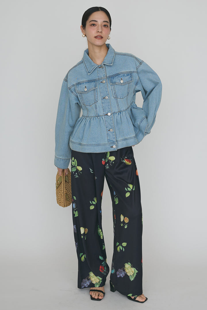 [予約/SET]ペプラムデニムジャケット+フルーツパターンストレートパンツ(2set)