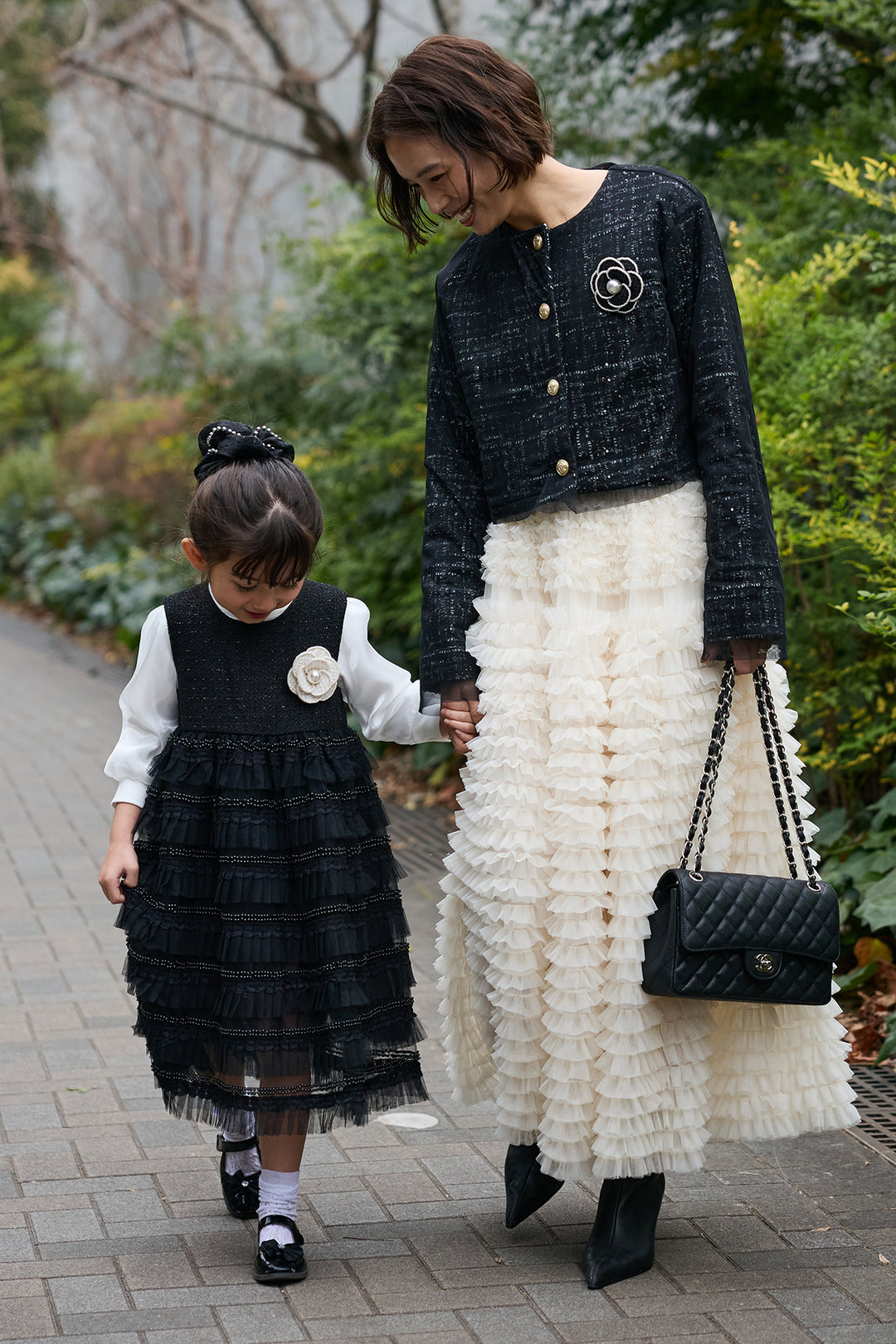 [予約/親子SET][kids]ティアードプリーツパールワンピセット+ツイード×チュールレイヤードクロップドジャケット+ホイップチュールティアードスカート(3set)