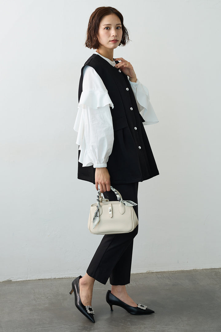 [予約/SET]ティアードフリルスリーブパールボタンブラウス+ペプラムラインシルバーボタンジレ(2set)