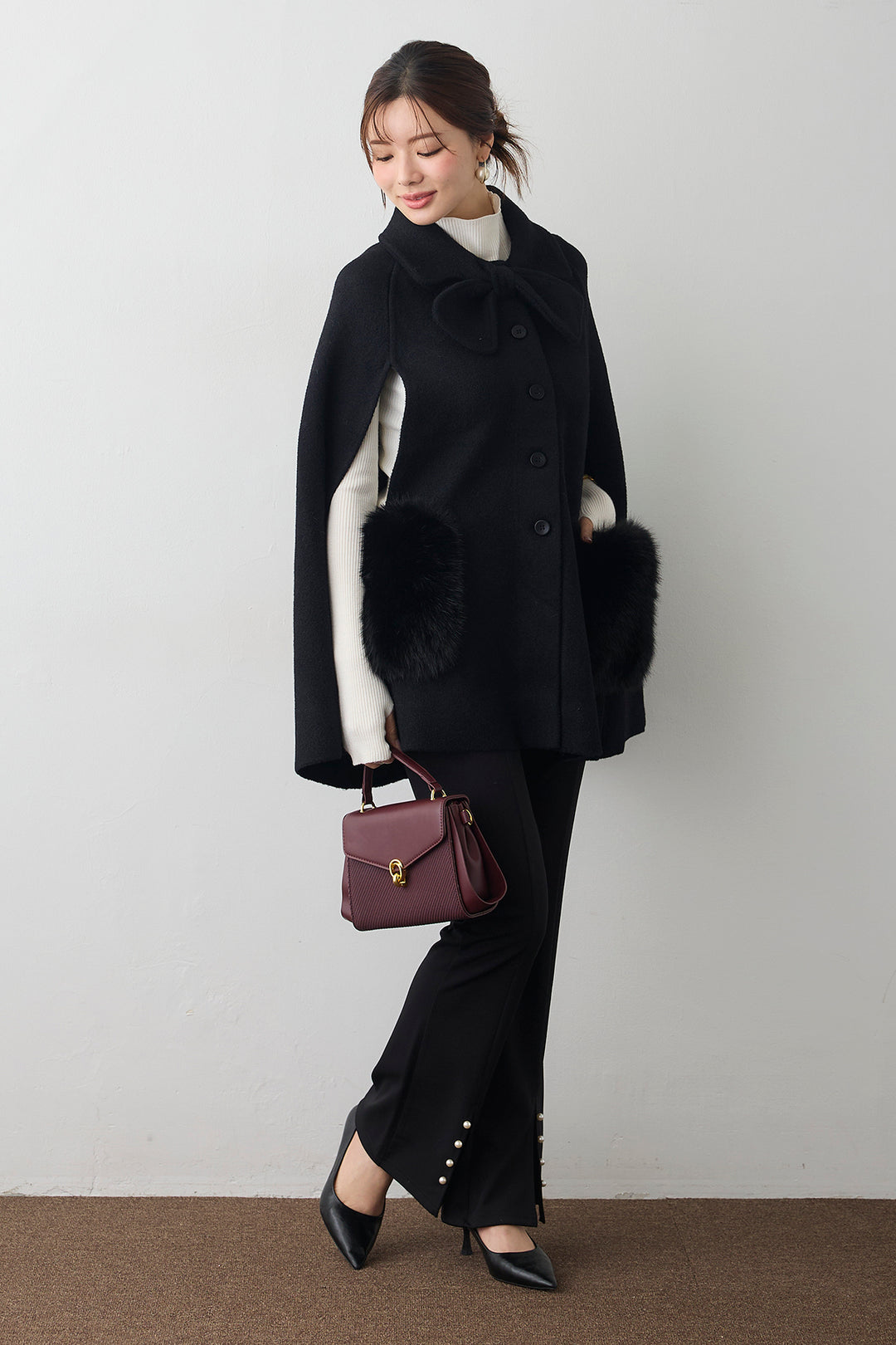 [予約/SET]ウールタッチファーポケットポンチョコート+センタースリットパールパンツ(2set)