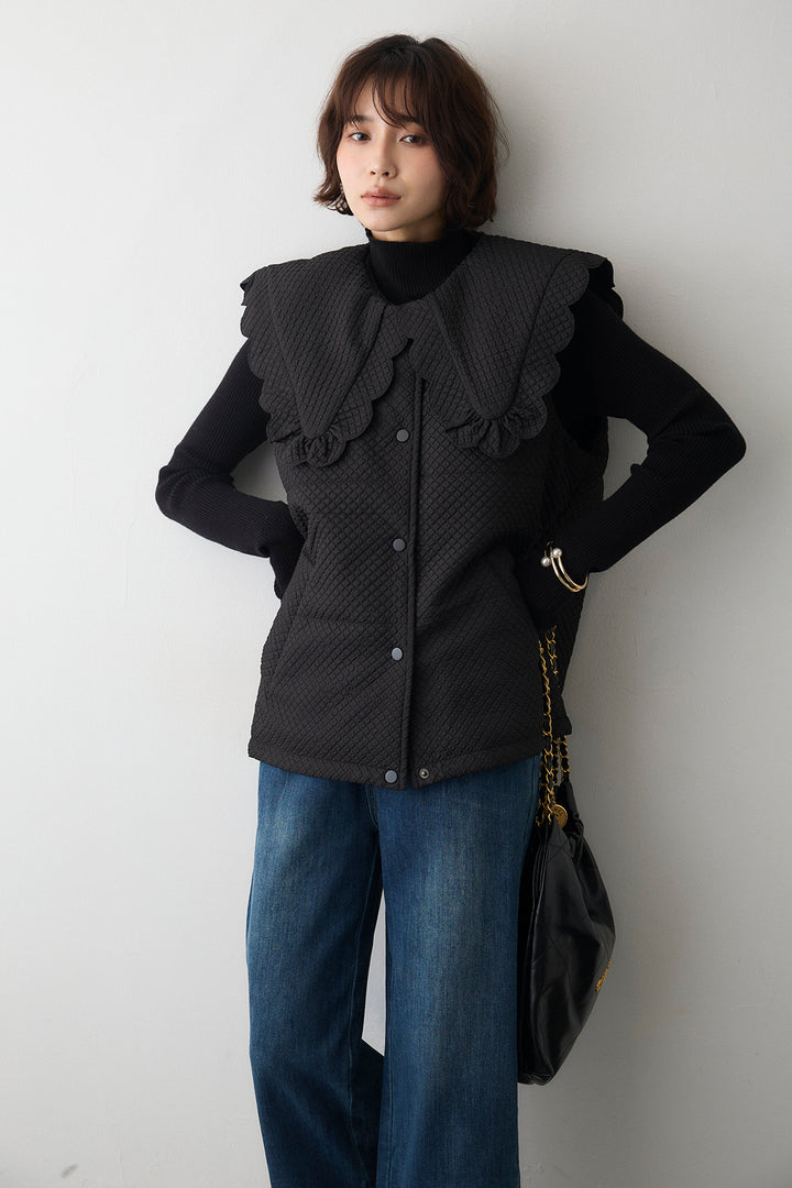 [予約/SET]ベーシックフィンガーホールリブニット+スカラップBIGカラーベスト+フリルヘムデニムパンツ(3set)