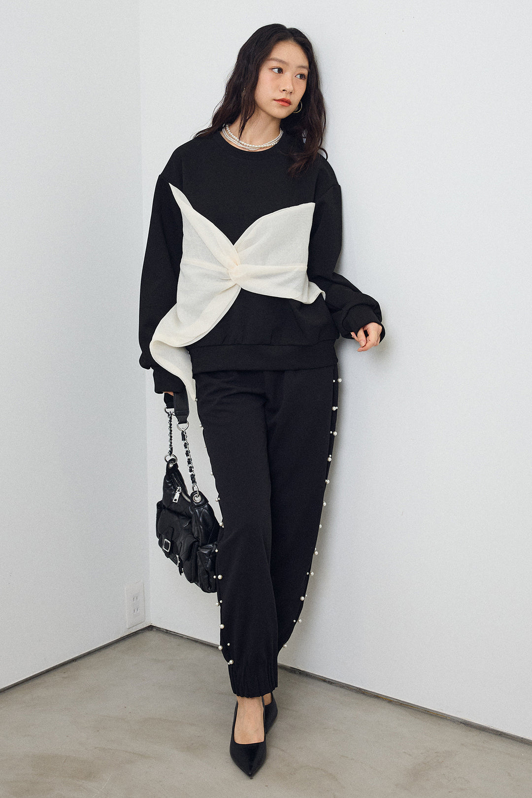 [予約/SET]オーガンジーBIGリボンプルオーバー+サイドパール裾タックジョガーパンツ(2set)