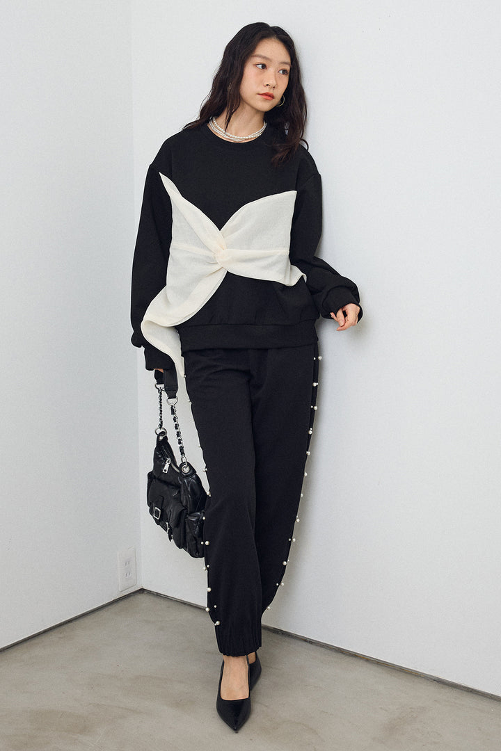 [予約/SET]オーガンジーBIGリボンプルオーバー+サイドパール裾タックジョガーパンツ(2set)