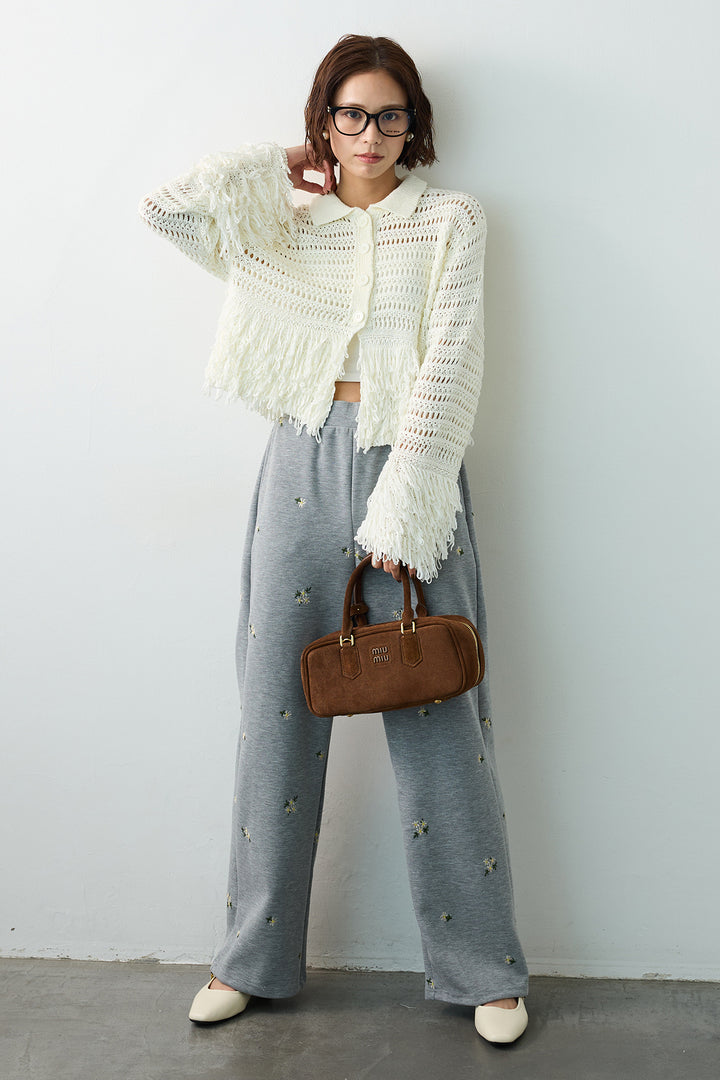[予約/SET]メッシュフリンジクロップドニット+フラワー刺繍ストレートポンチパンツ(2set)