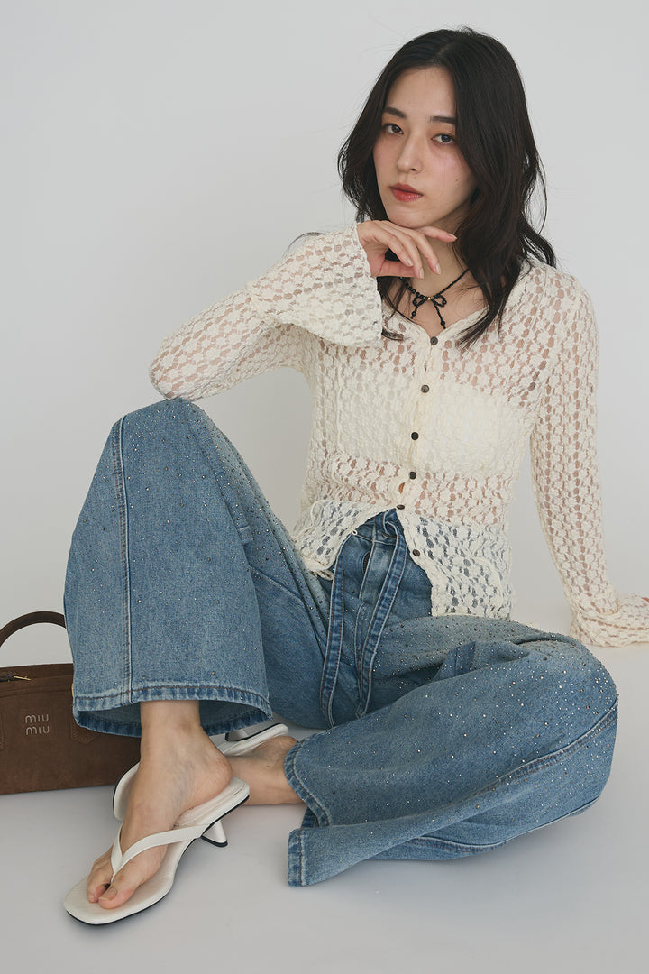 [予約/SET]カットレースフラワーVネックカーデ+ラインストーン美ラインデニム(2set)