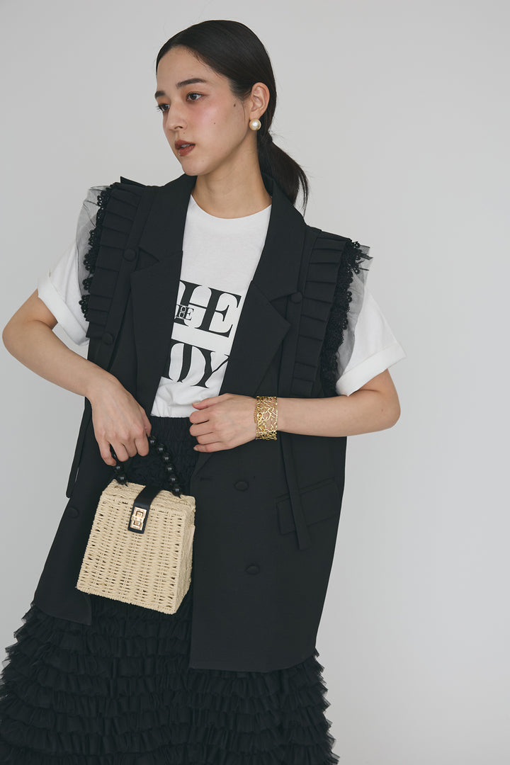 [予約/SET]ThecityロゴTシャツ+フリルショルダーテーラーマニッシュベスト+ホイップチュールティアードスカート(3set)