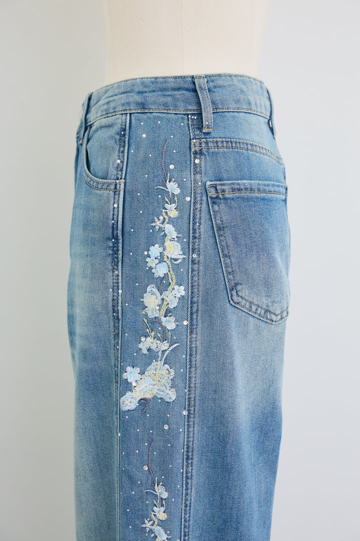[予約]サイド刺繍フラワーラインストーンデニム