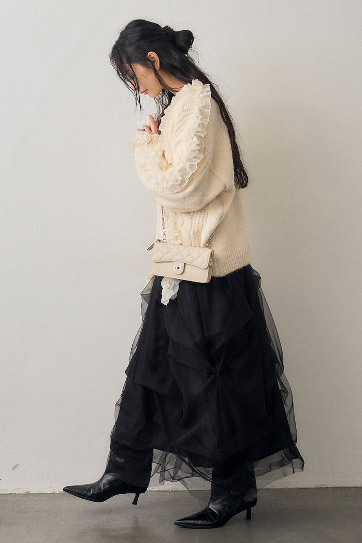 [予約/SET]フリルローズドッキングニットカーデ+マルチパターンタックチュールスカート(2set)