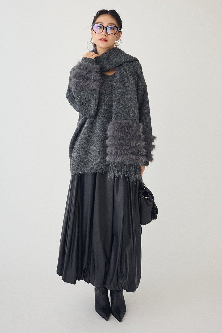 [予約/SET]マフラー付きファーラインデザインニットカーデ+レザーライクバルーンスカート(2set)