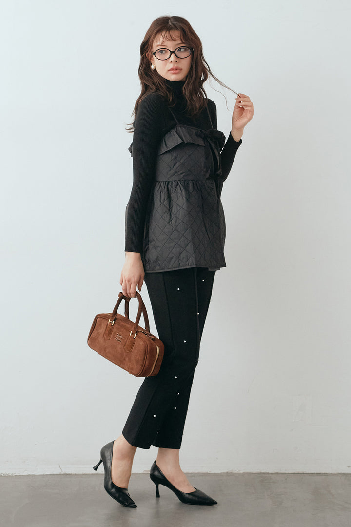 [予約/SET]ベーシックリブタートルニット+ダイヤキルトキャミビスチェ+センターシームランダムパールパンツ(3set)