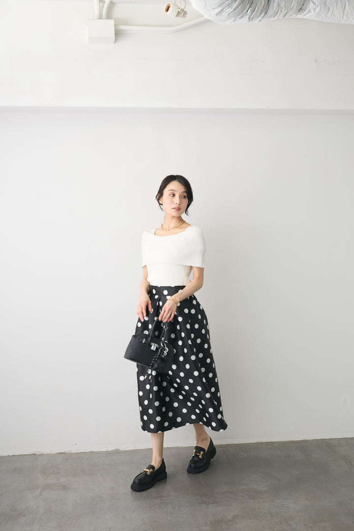 [予約/SET]ショルダーリブオフショルニット+ドットサテンフレアスカート(2set)