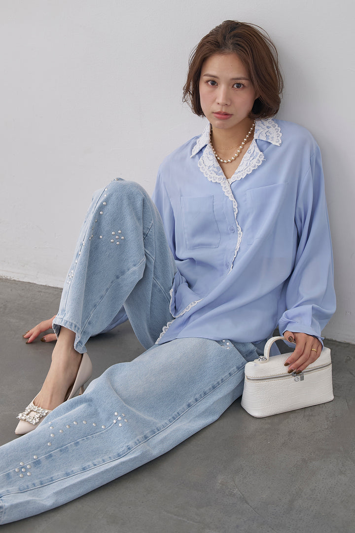 [予約/SET]クラシックレーストリムブラウス+スタッズアシメカーブデニムパンツ(2set)