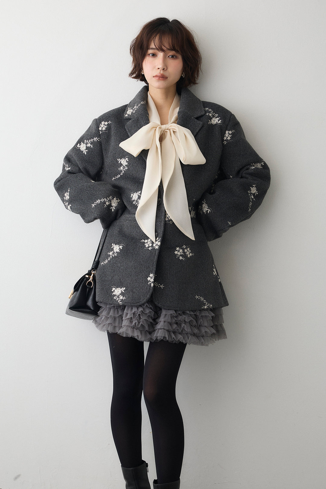 [予約/SET]フラワーエンブロイダリーモッサジャケット+ホイップチュールミニ丈スカート(2set)
