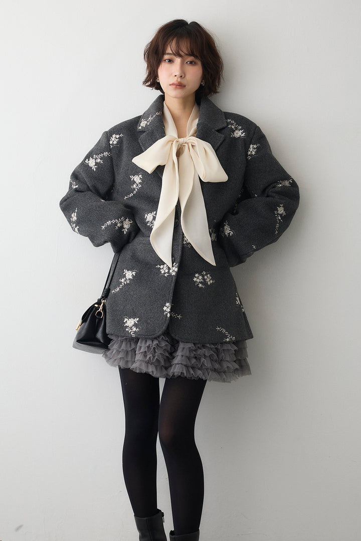 [予約/SET]フラワーエンブロイダリーモッサジャケット+ホイップチュールミニ丈スカート(2set)