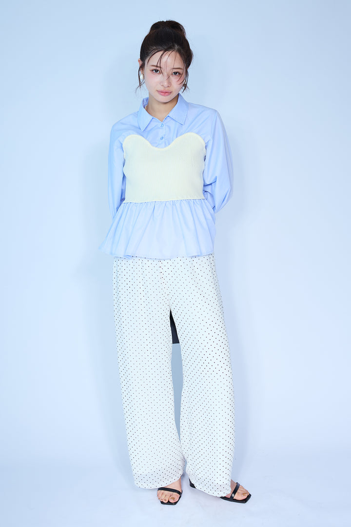 [予約/SET]ビスチェニットドッキングペプラムブラウス+シアードットリラックスパンツ(2set)