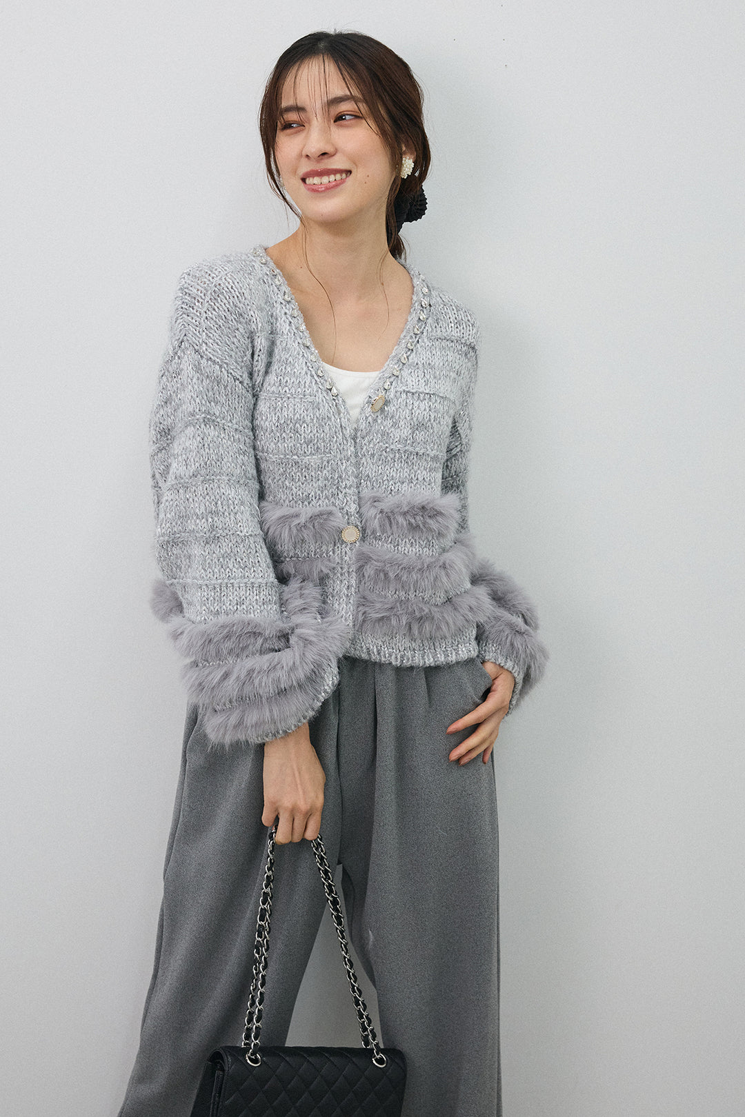 [予約/SET]ネックビジューラインファーニットカーデ+2タック美シルエットパンツ(2set)