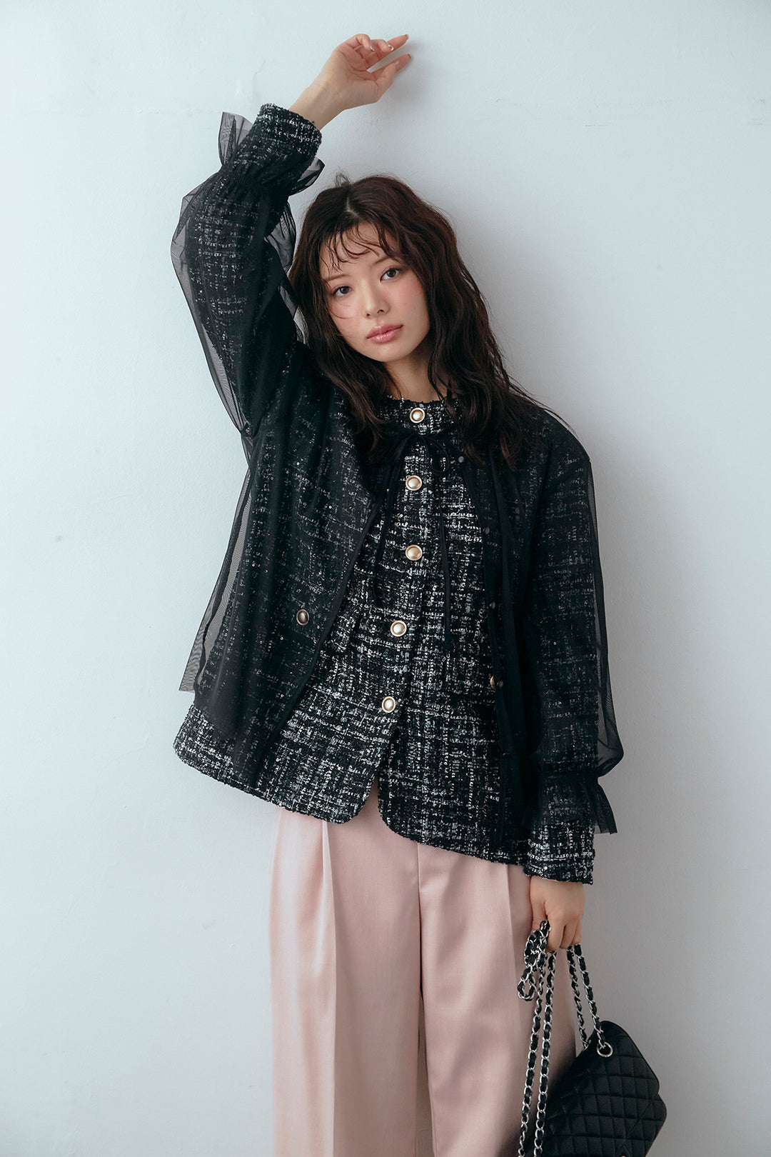 [予約/SET]2wayチュールレイヤードツイードジャケット+スプリングカラータックストレートパンツ(2set)