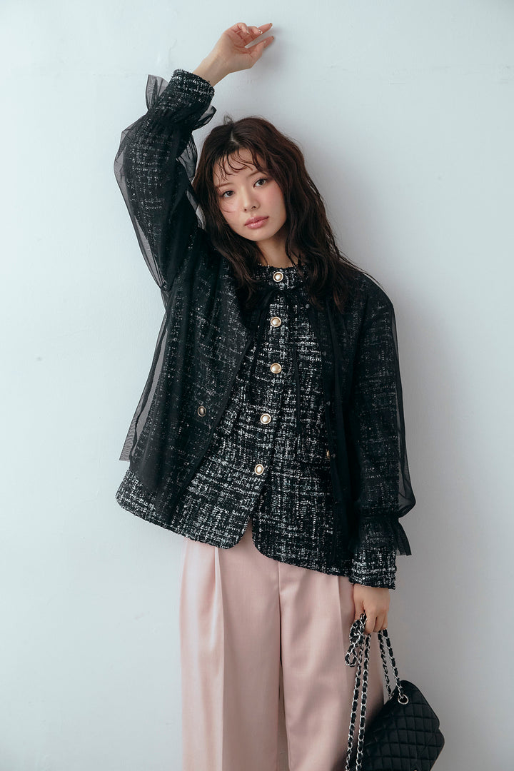 [予約/SET]2wayチュールレイヤードツイードジャケット+スプリングカラータックストレートパンツ(2set)