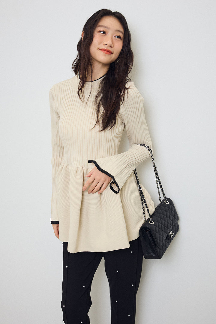 [予約/SET]リブフレア配色スリーブペプラムニット+センターシームランダムパールパンツ(2set)