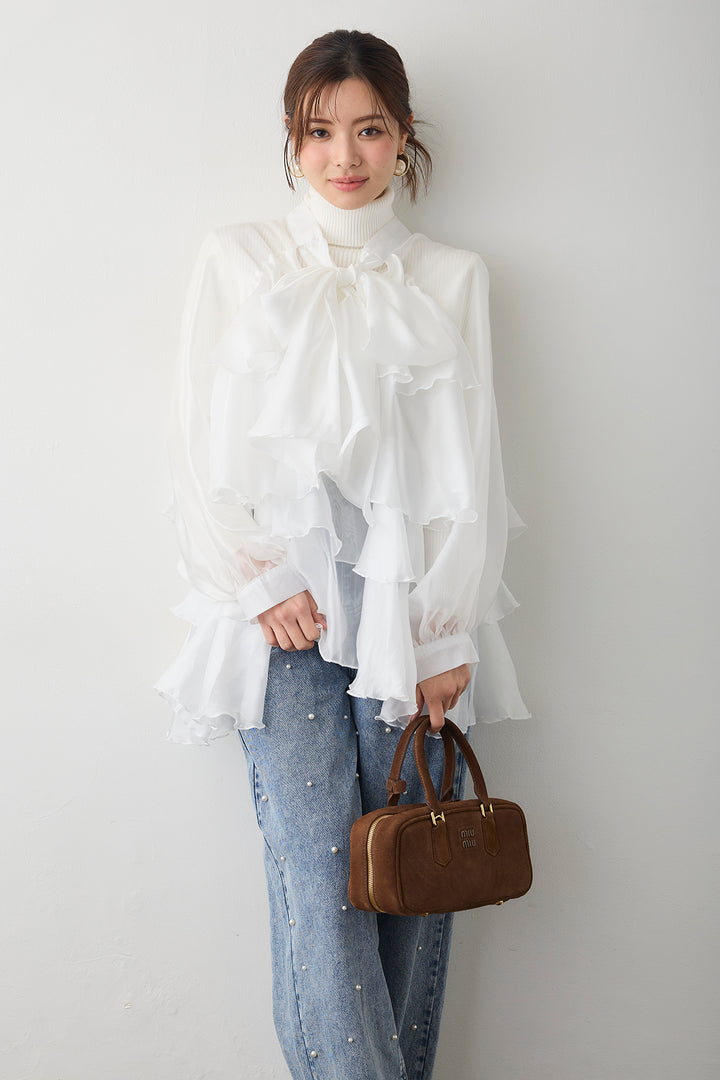 [予約]フロントBIGリボンティアードエアリーチュニック