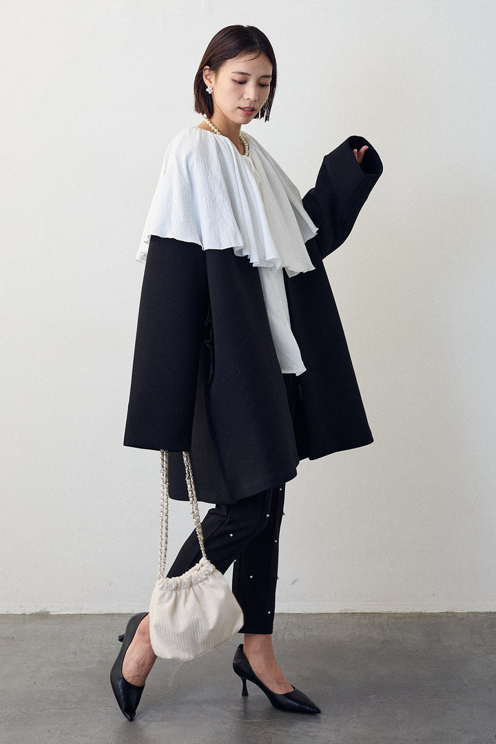 [予約/SET]BIGフリルカラーブラウス+フリルポケットボンディングノーカラーコート+センターシームランダムパールパンツ(3set)