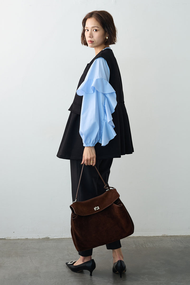 [予約/SET]ティアードフリルスリーブパールボタンブラウス+ペプラムラインシルバーボタンジレ+タックテーパードパンツ(3set)