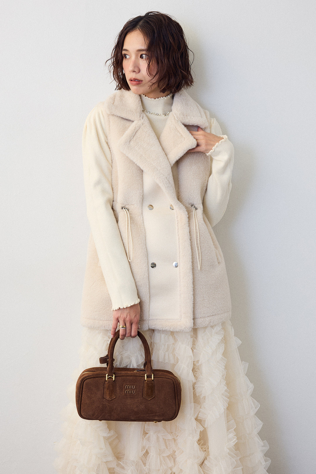 [予約/SET]ネックショルダーパールポイントニット+テディボアウエストドロストベスト+スフレアシメチュールスカート(3set)