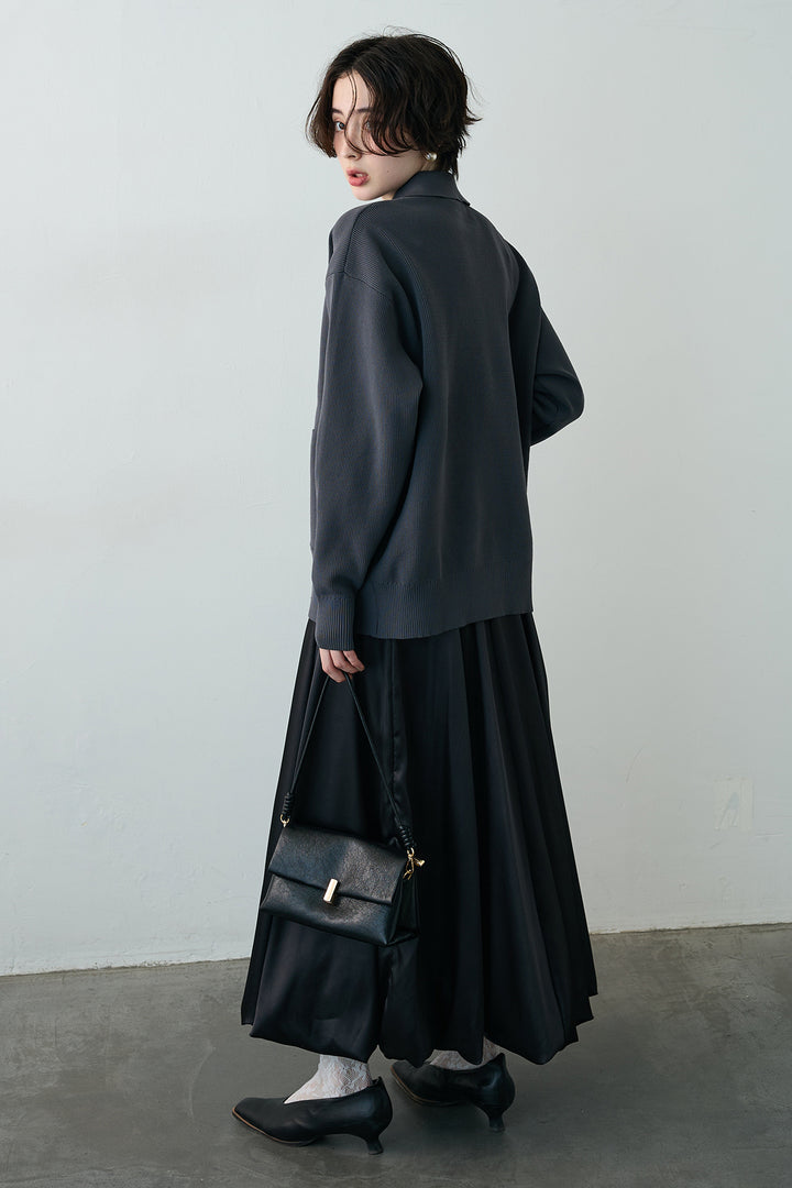 [予約/SET]メタルボタン襟付きニットカーディガン+サテンシャイニーバルーンスカート(2set)