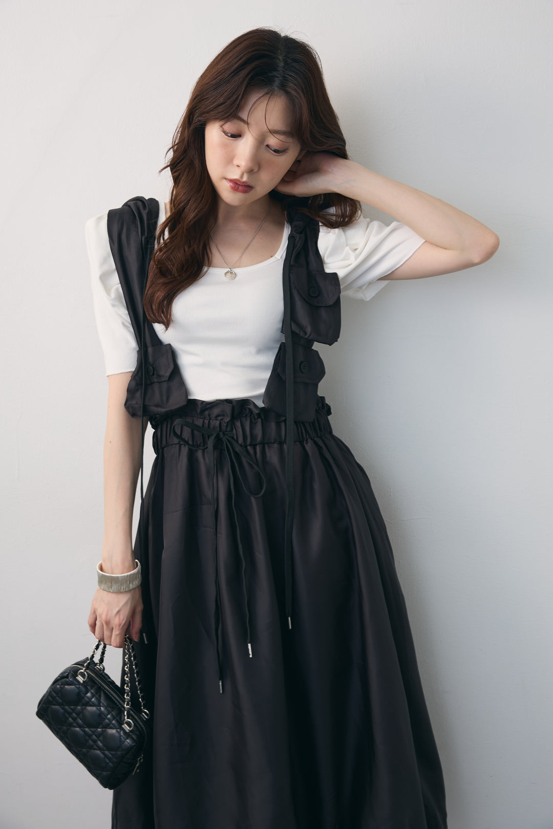 [予約/SET]スクエアモードショルダーカットソー+パラシュートベストドッキングジャンパースカート(2set)
