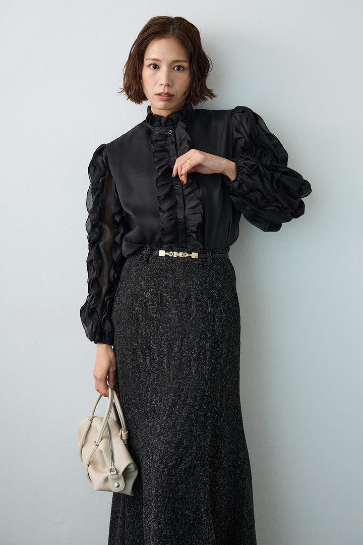 [予約/SET]エアリーフリルブラウス+スラブネップツイードフレアスカート(2set)
