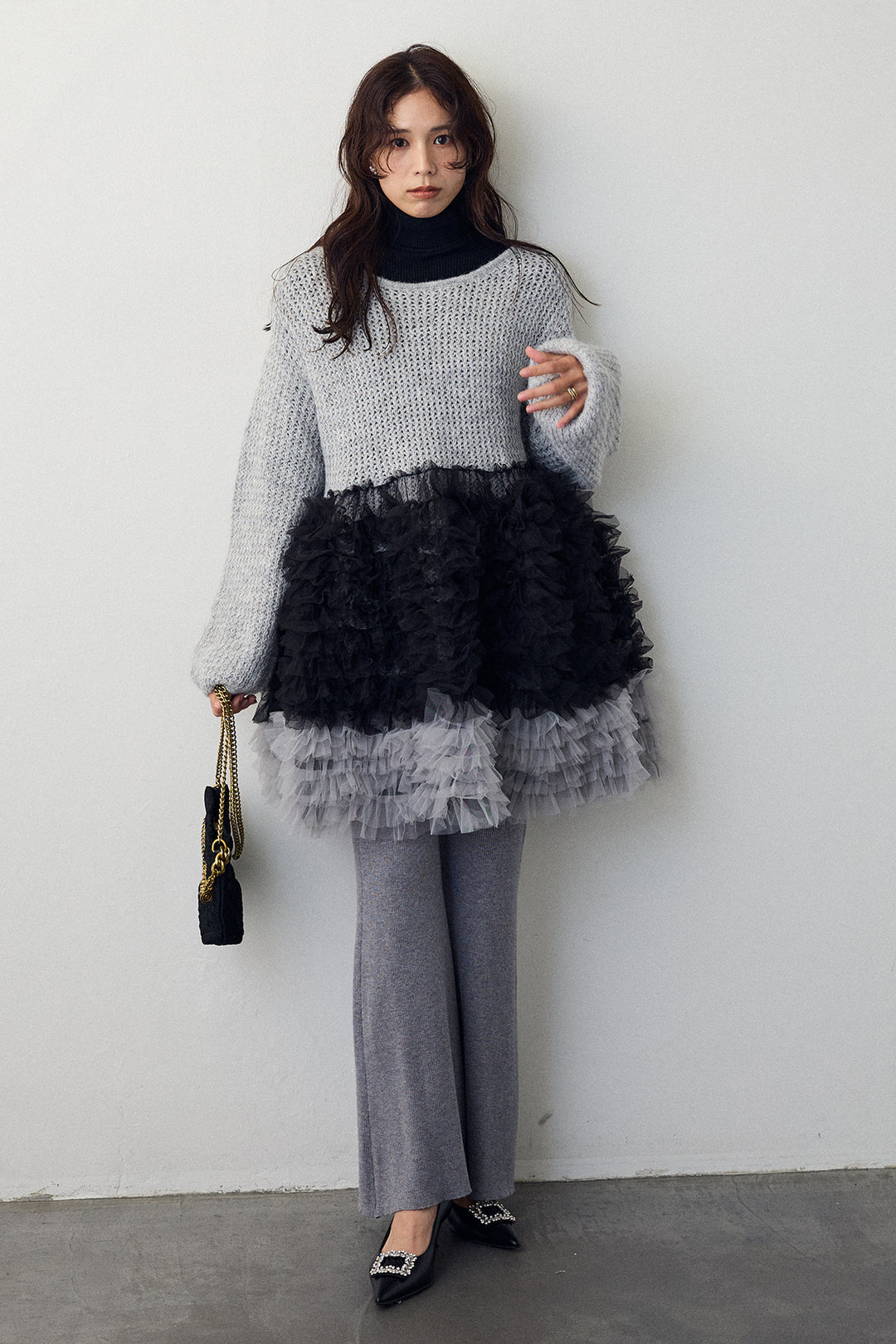 [予約/SET]ホイップチュールドッキングニットワンピ+リブストレッチフレアニットパンツ(2set)