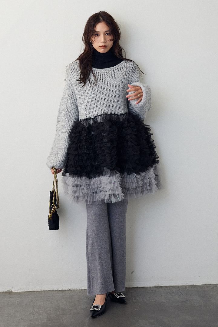 [予約/SET]ホイップチュールドッキングニットワンピ+リブストレッチフレアニットパンツ(2set)