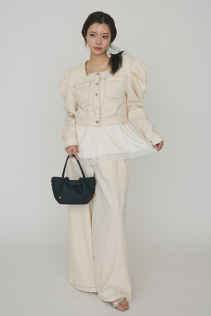 [予約/SET]マットサテンレースキャミソール+ステッチパフスリーブクロップドジャケット+ステッチデザインハイウエストデニムパンツ(3set)