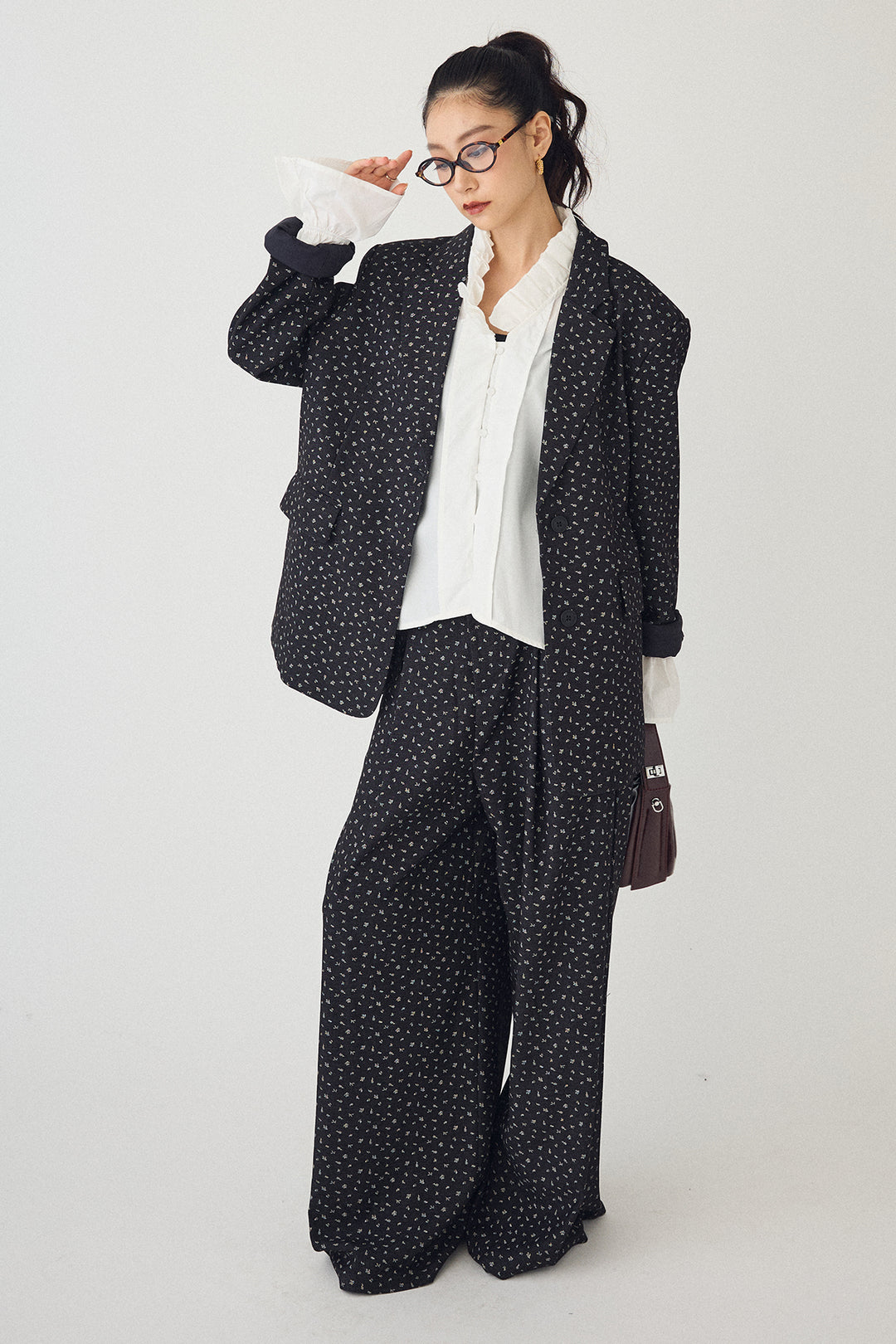 [予約/SET]ダブルプリーツカラーブラウス+ヴィンテージフラワー柄セットアップ(2set)