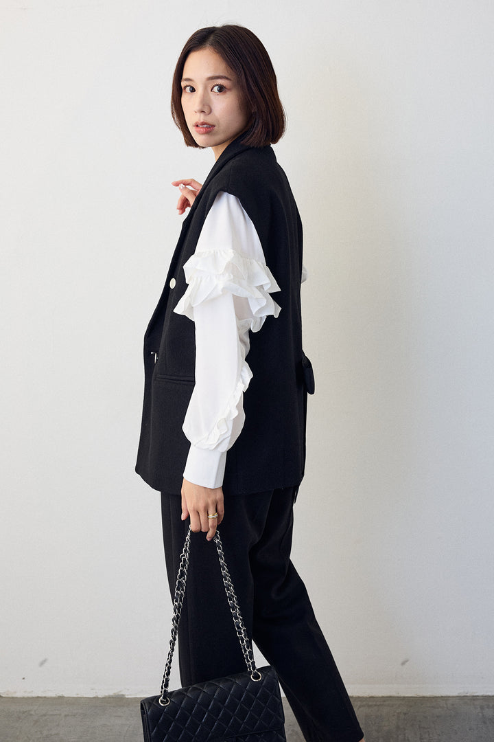 [予約]スタンドカラーラッフルフリルスリーブブラウス